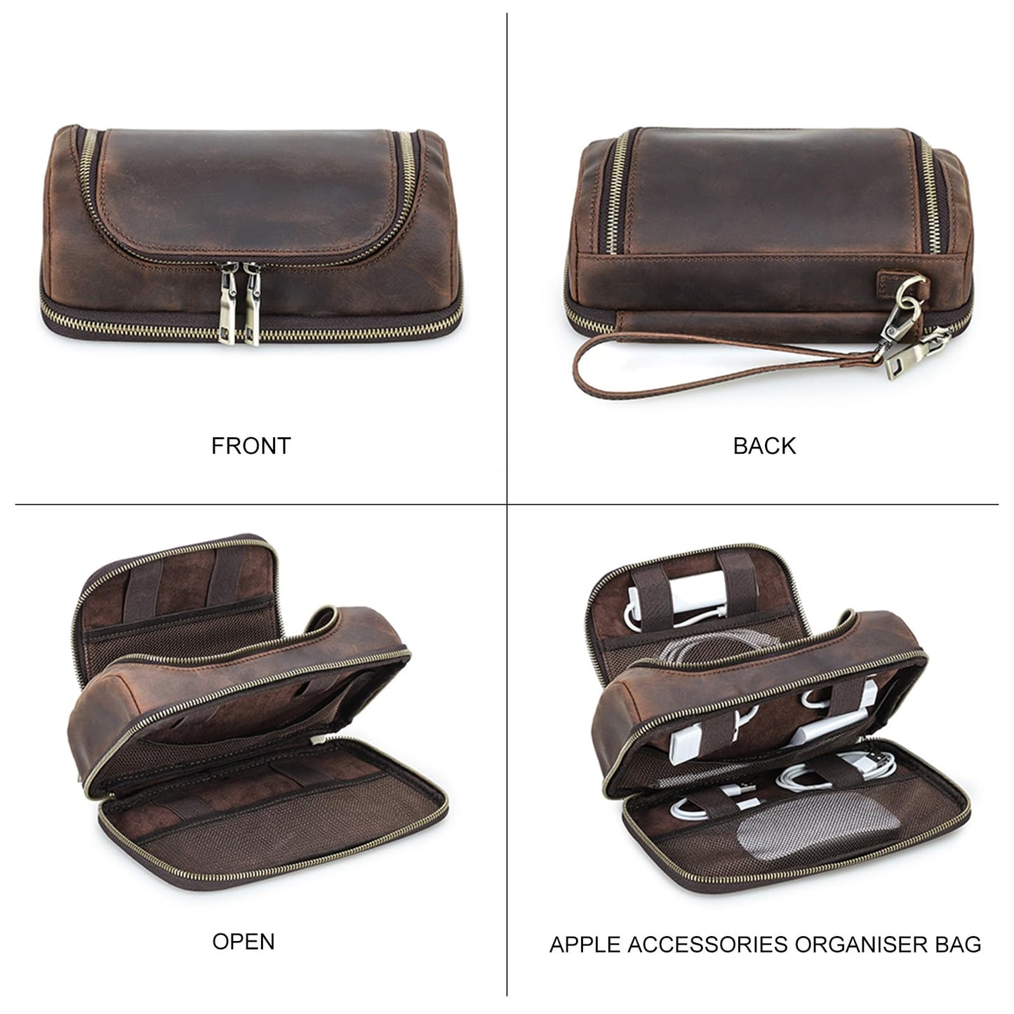 Hiram Handmade Crazy Horse Leather Tech Organizer Travel Case – Accessories Organiser Bag for Laptop, Tablet & Cell Phone, Double Compartment Charger Organizer Travel Case Coffee