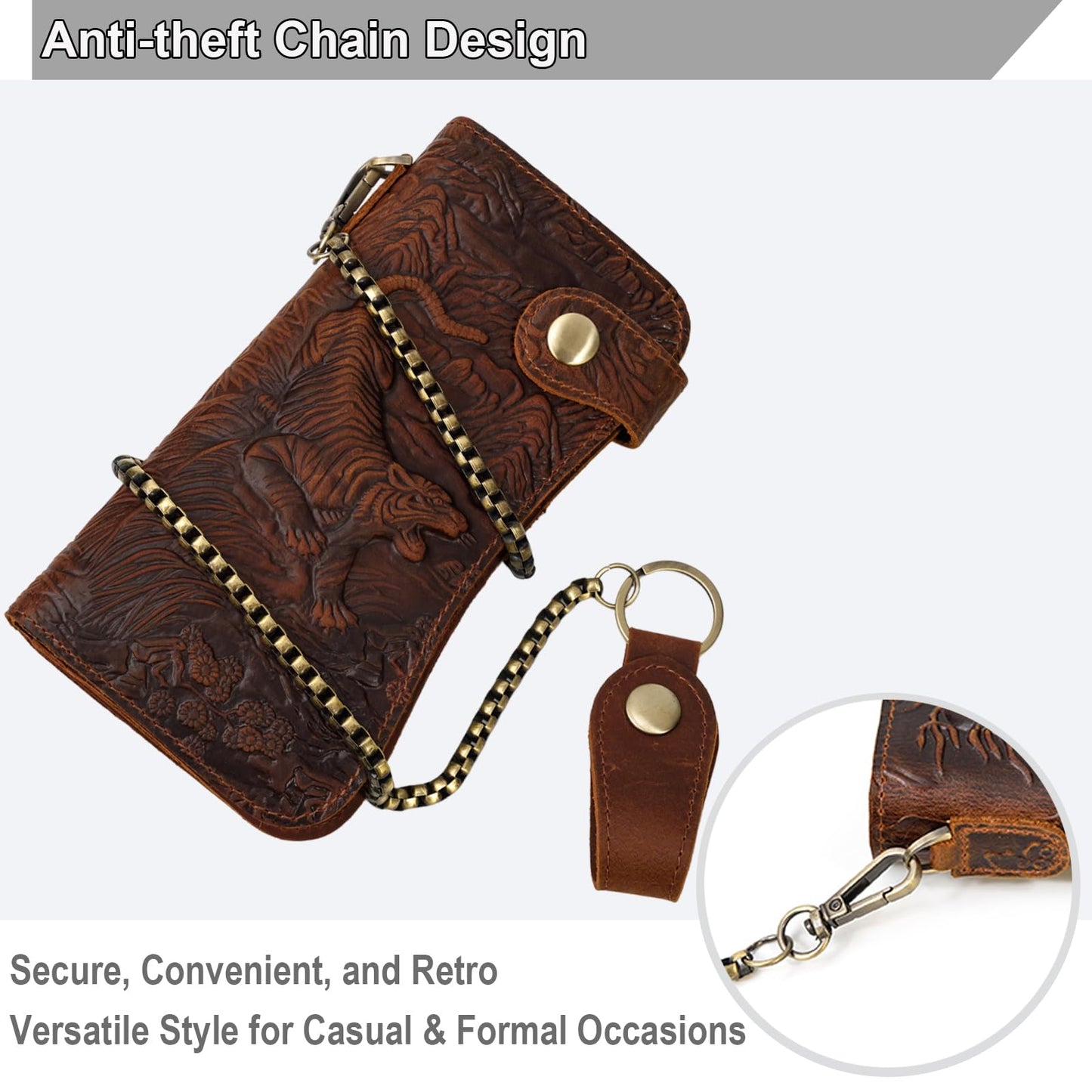 Yevabo Retro Full-grain Genuine Leather Long Wallet Tiger Embossed Bi-fold Clutch Wallet with Anti-Theft Chain, Card Holder Zipper Coin Purse for Men, Brown
