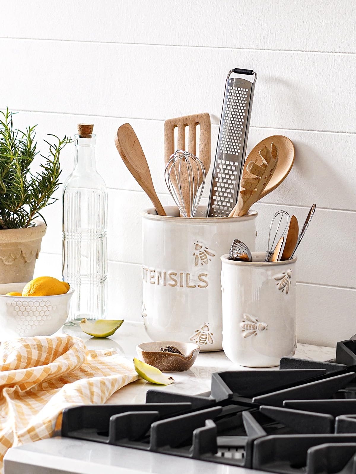 LE TAUCI Kitchen Utensil Holder Set of 2 - 6.9"+5.3" Large Ceramic Cooking Utensil Crock & Organizer for Spatula, Spoon, Whisk - Farmhouse Countertop Storage, Arctic White, Embossed, Bee