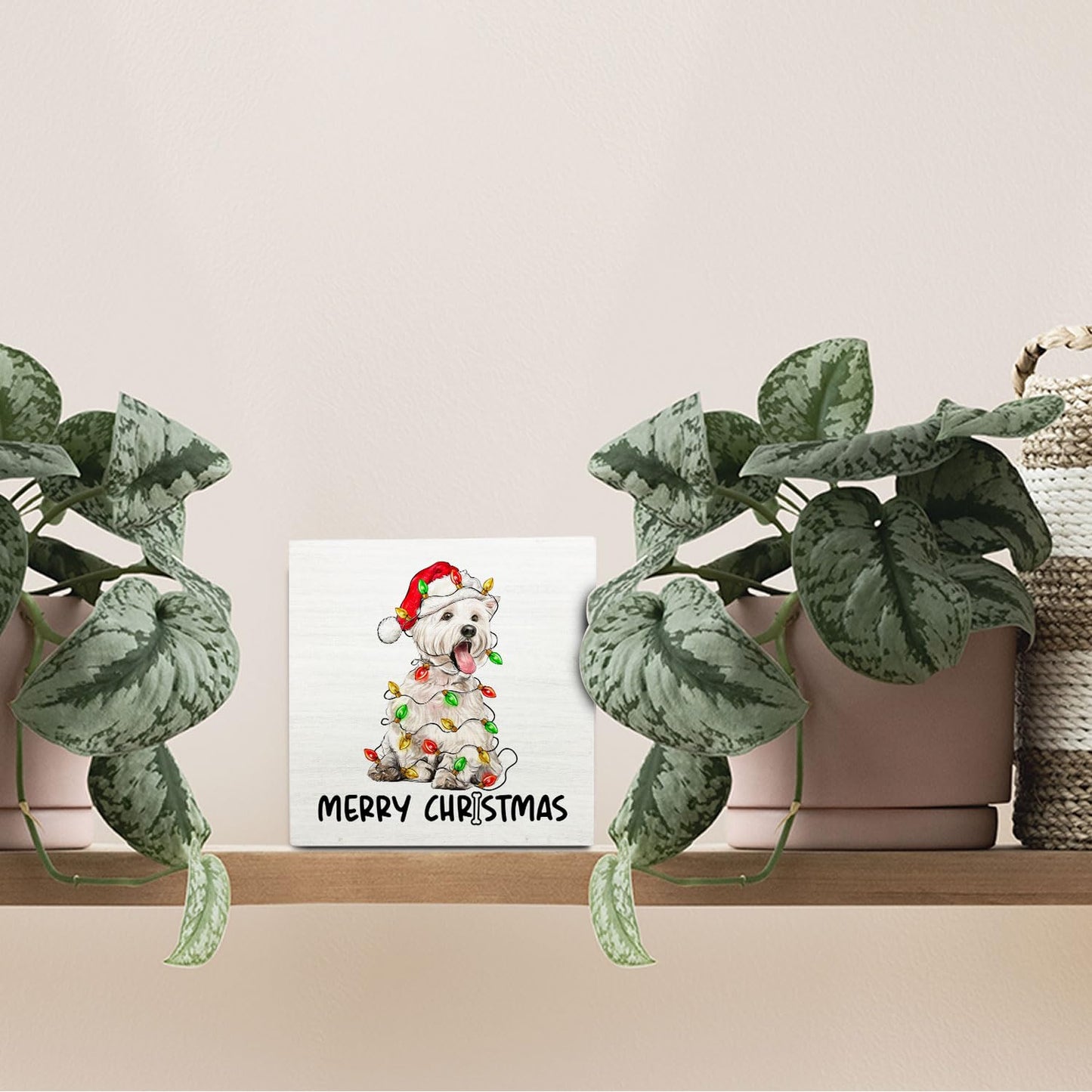 OVAcational West Highland White Terrier Christmas Wooden Box Sign Desk Decor, Westie Dog Lover Gifts, Christmas Dog Wood Block Sign for Home Office Desk Table Shelf Wall Decorations, 5x5 Inch
