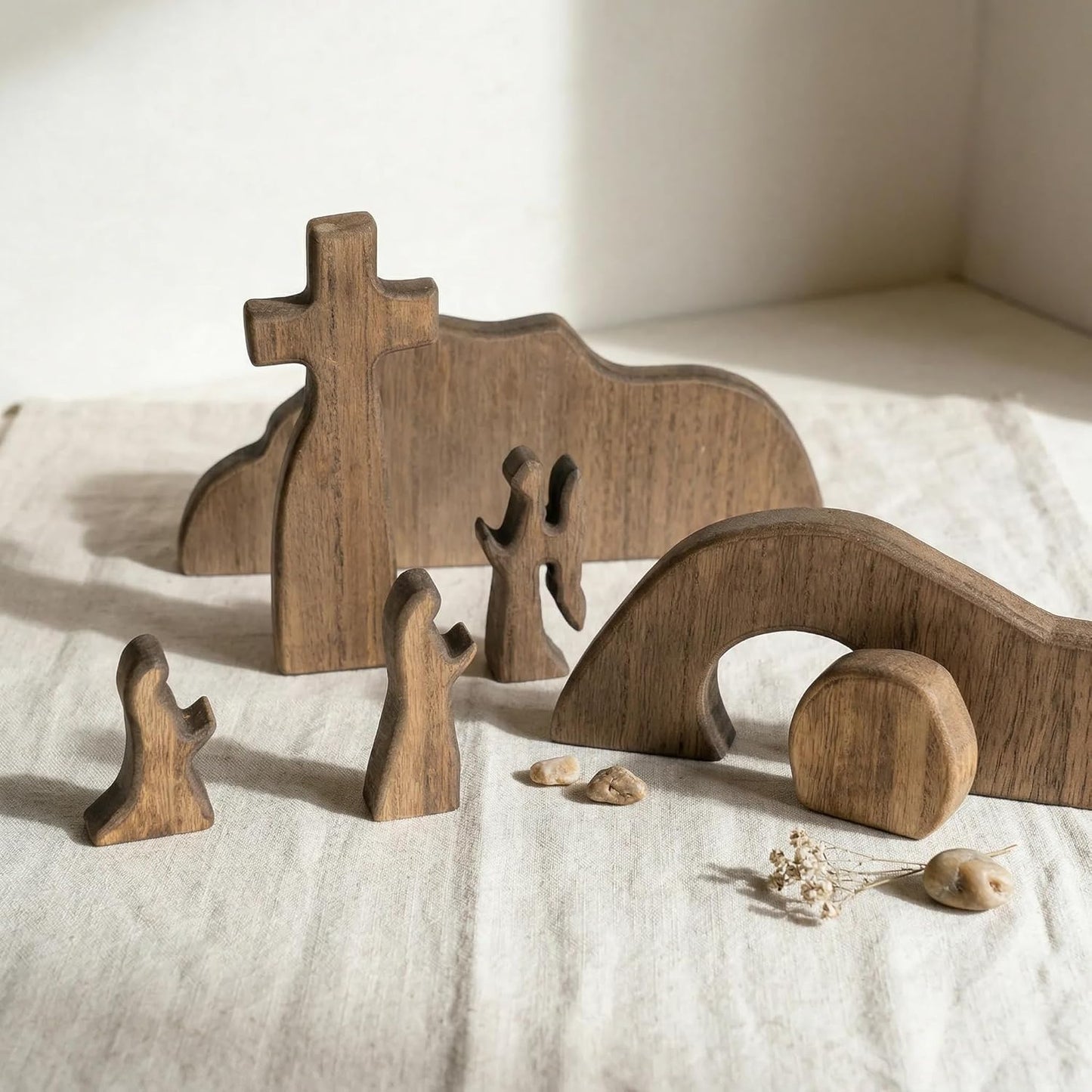 NEROSUN Empty Tomb Easter Scene and Cross Decoration, Wooden Jesus Resurrection Nativity Set, Religious Christian Tabletop Decor for Home Office Christian