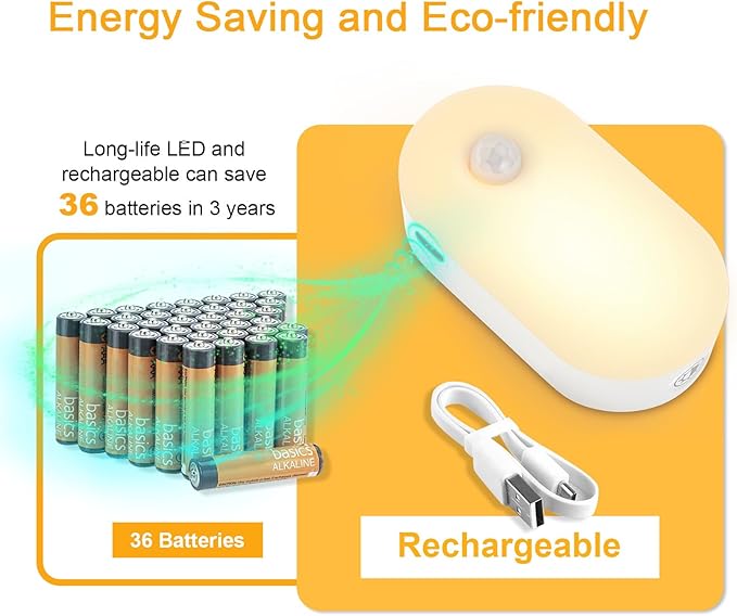 Lyridz Rechargeable Battery Night Light with Motion Sensor, Portable Mini Warm White LED Stick-on Closet Light, Adjustable Brightness for Bathroom, Bedroom, Kitchen, Cabinet, Stairs, Hallway, 2-Pack