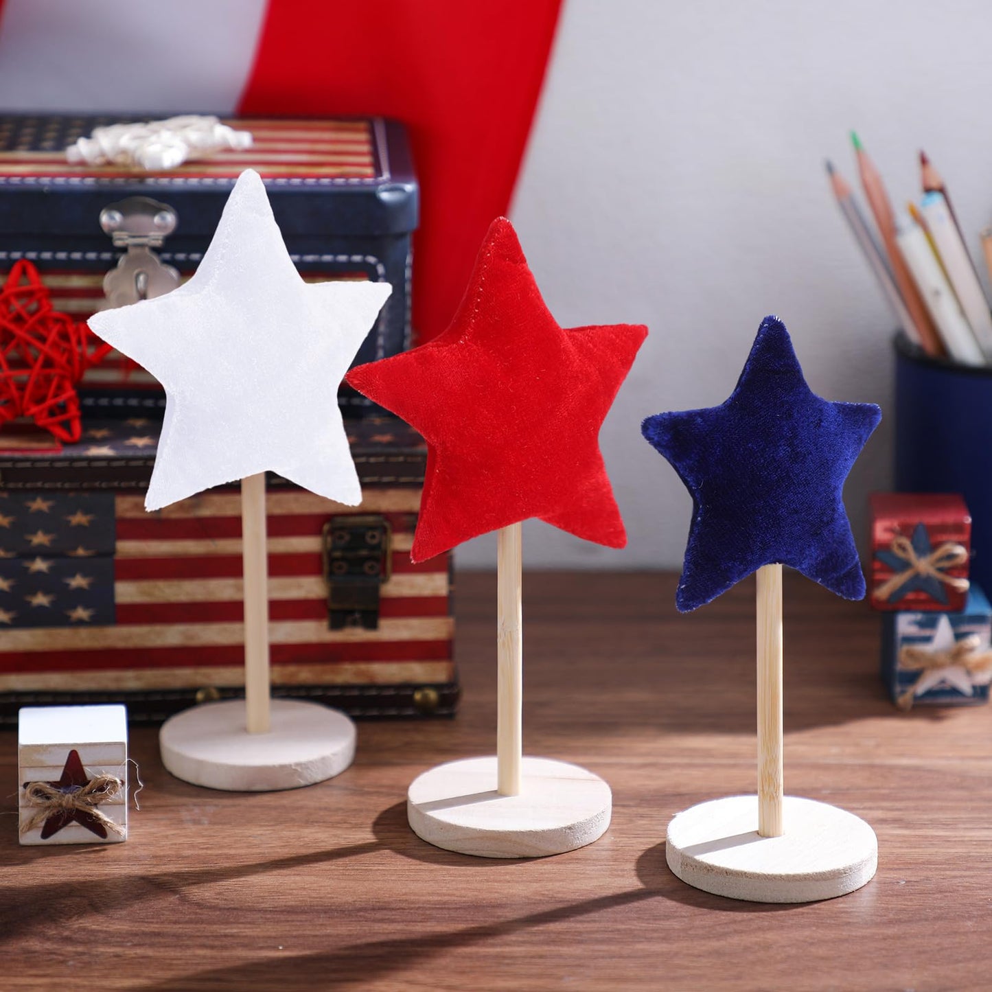 Wenqik 7 Pcs 4th of July Patriotic Decorations Velvet Red White and Blue Star Sign Standing Wooden Star Tabletop Centerpiece 250th Anniversary Independence Day Decor for Home Indoor Table Office Party