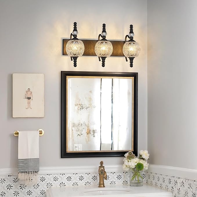 Modern Crystal Bathroom Vanity Lights Fixtures Over Mirror Black Vintage 3-Lights 20 Inch Bathroom Light Fixtures Glass Crystal Vanity Lights
