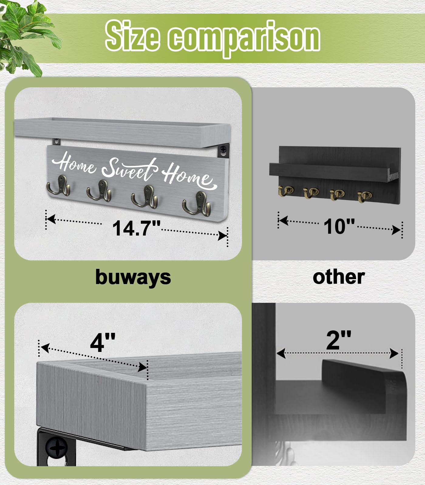 buways Key Holder Wall Mount with 4 Double Hooks-Solid Wood Wall-Mounted Organizer for Keys&Mail Rustic Key Rack Hanger Holder Home Decor for Entryway Living Room (Gray)