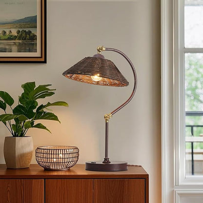 2 Pack Woven Rattan Bedside Table Lamp for Bedroom,Boho Plug in Handmade Rattan Shade&Anti-Rust Iron Base Desk Lamp,Plug & Play Vintage Dark Brown Nightstand Lamp for Living Room,Office【Bulb Included】