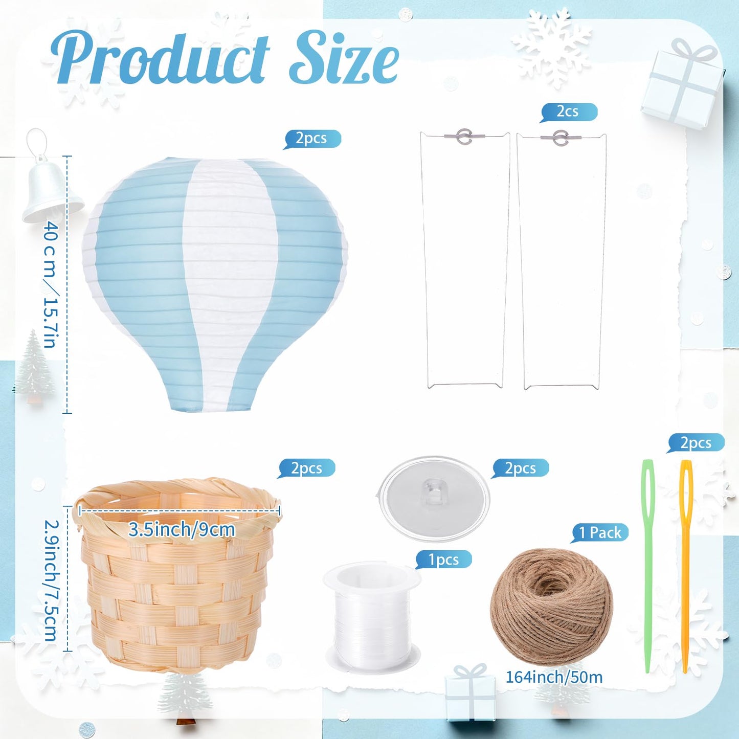 Meooeck 2 Pcs Hanging Hot Air Balloon Nursery Decor 15.7 Inch Paper Hot Air Balloon Centerpieces Reusable Paper Lanterns Set for DIY Craft Wedding Birthday Christmas Living Room Home, Blue White