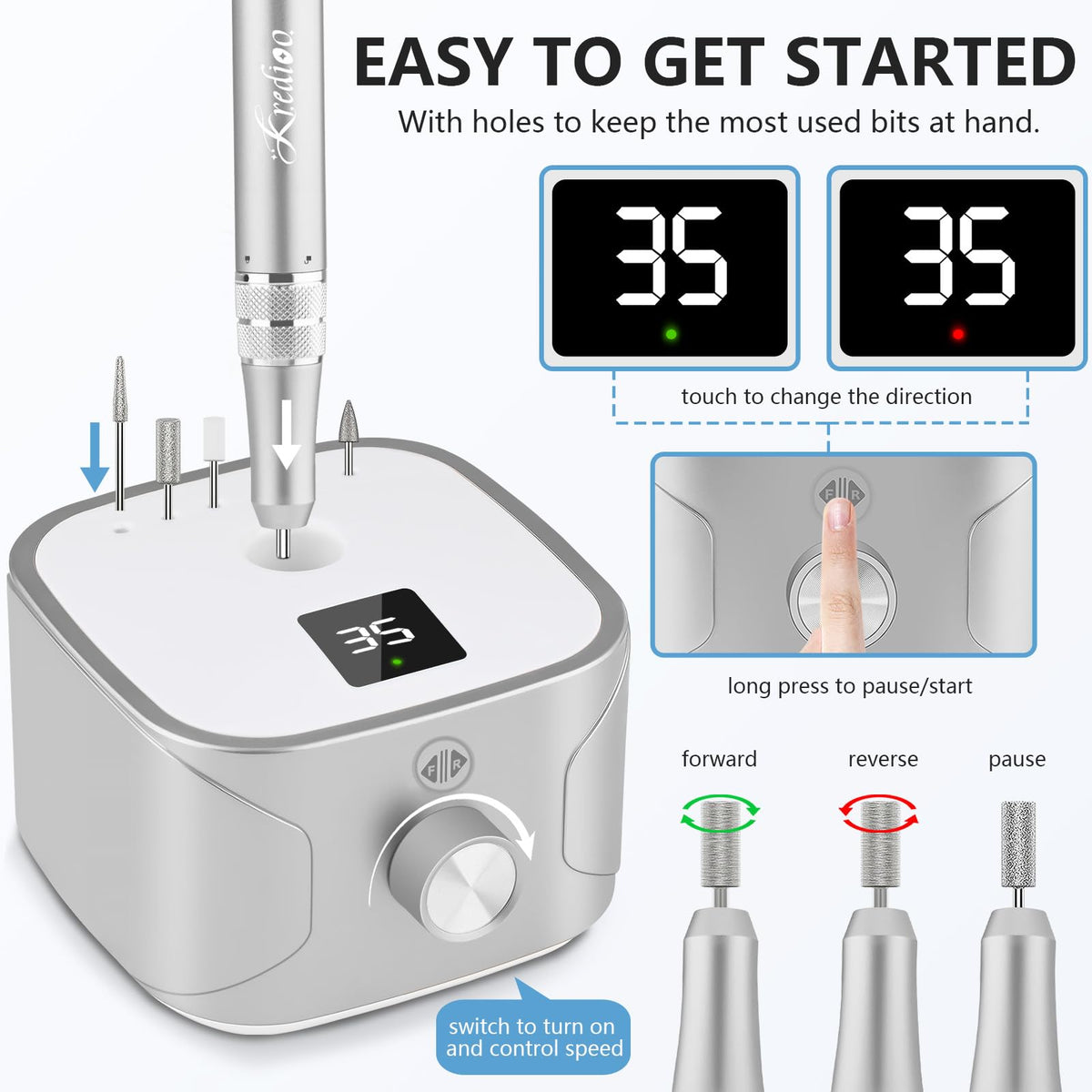 Kredioo Nail Drill Professional Electric 35000RPM Nail Drill Machine Kit Remove Gel Nails Acrylic Polish Thick Toe with 11 Sanding Bits E File Set