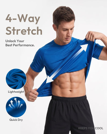MCPORO Workout Shirts for Men Short Sleeve Quick Dry Athletic Gym Active T Shirt Moisture Wicking 7 Pack Black, Dark Grey, Light Grey, White, Navy, Blue, Red XX-Large