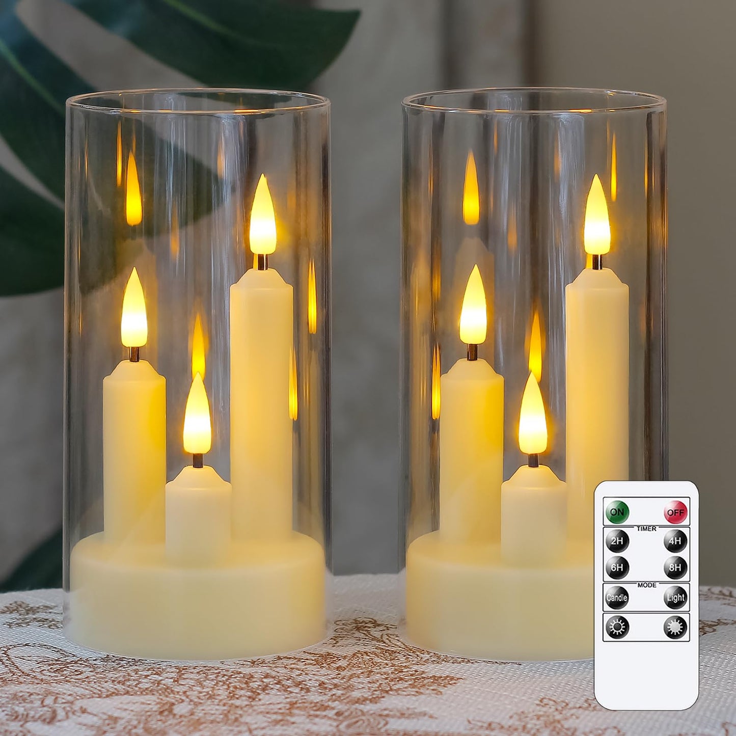 Zevanor 3 in 1 Flameless Taper Short Candles with 10 Key Remote Control and Timer, Battery Operated Pack of 2 LED Acrylic 3" x6" White Pillar Flickering Warm Light