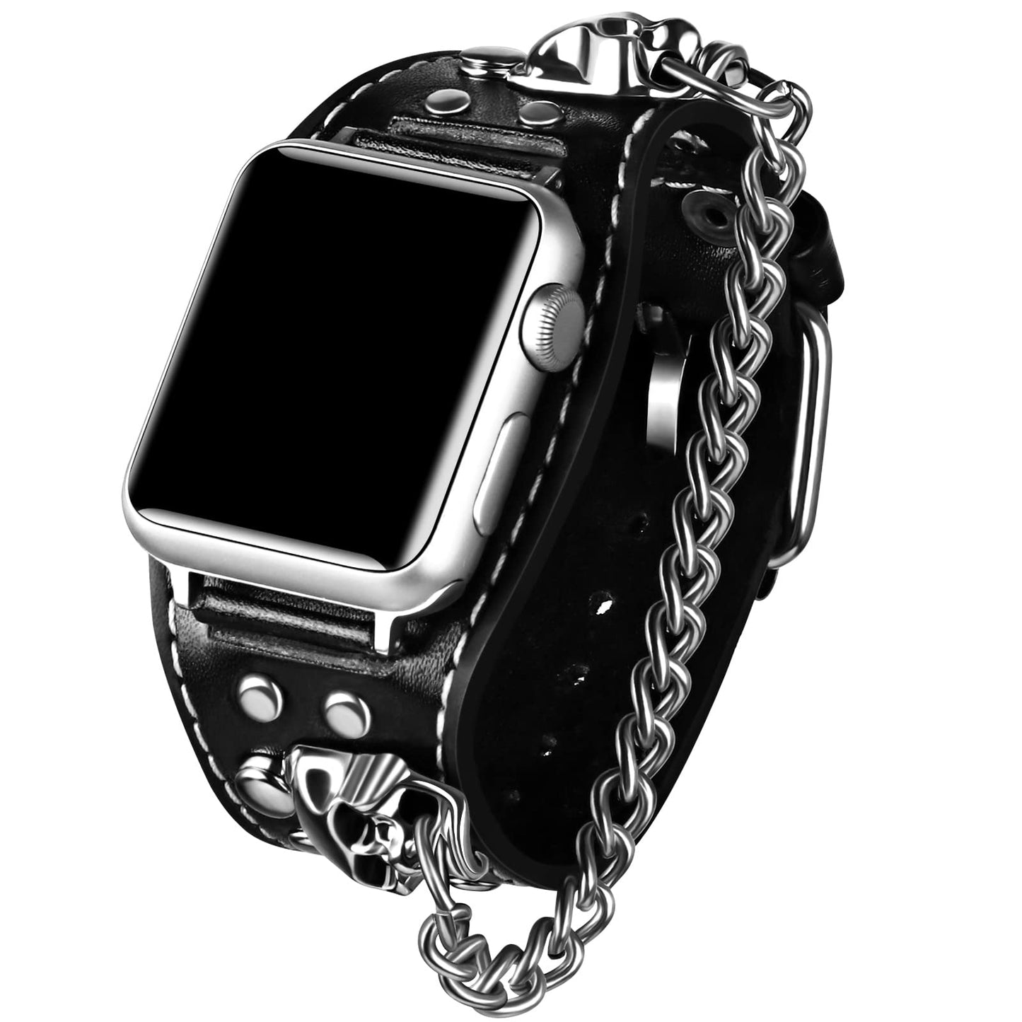 VIQIV Leather Skull Cuff Bracelet Compatible with Apple Watch Band Ultra 49mm 44mm 45mm 42mm 41mm 40mm 38mm Series 9 8 7 6 5 4 3 2 SE for Men Women, Punk Steampunk Wrist Watch Strap for iwatch Band
