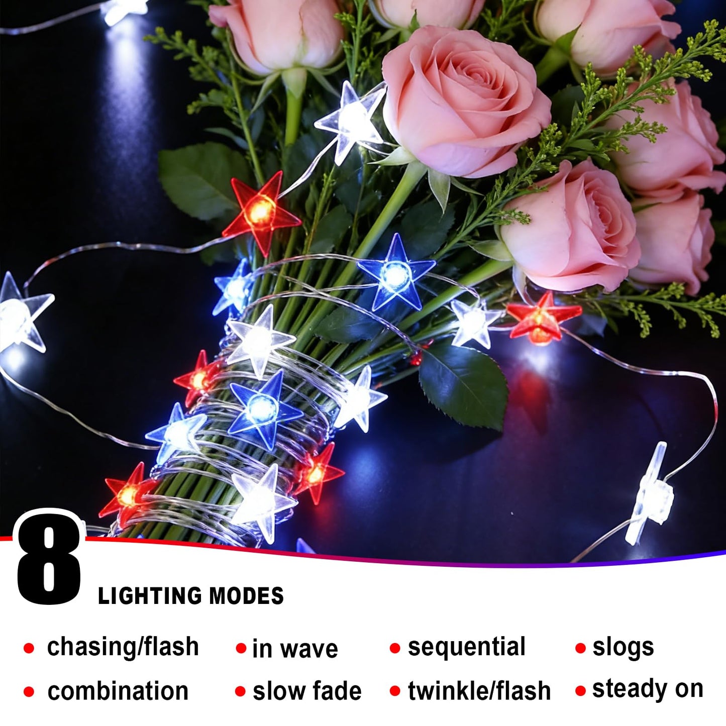TWINGLEHOME 50 LED Patriotic String Lights Star 16FT (5M) with Copper Wire, Waterproof Battery Box, Multifunctional Modes Lighting (Red, Cool White, Blue) for Nation Day