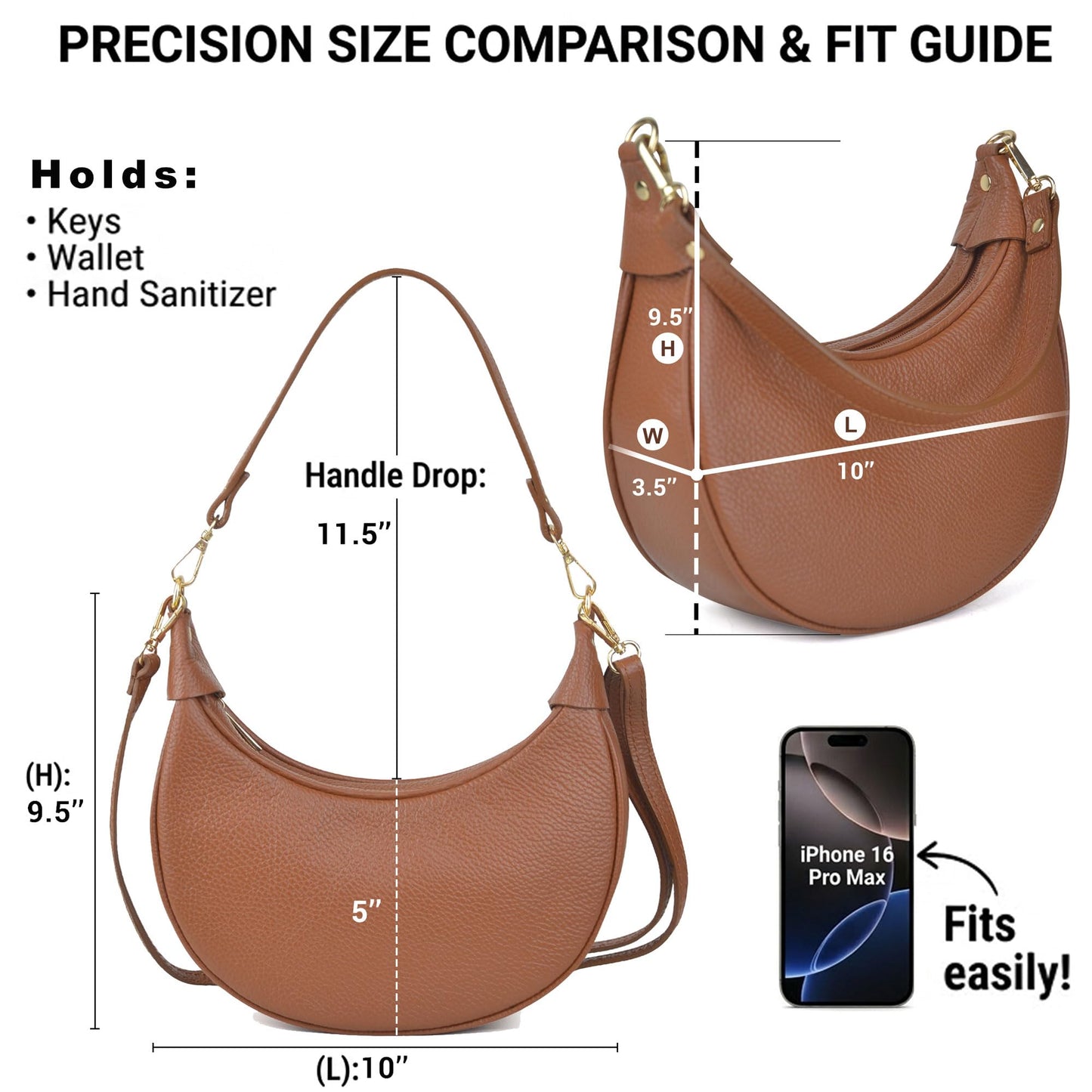 Italian Genuine Leather Crescent Hobo Bag for Women, Small Shoulder Crossbody Purse, Handbag with 2 Straps for Work Travel