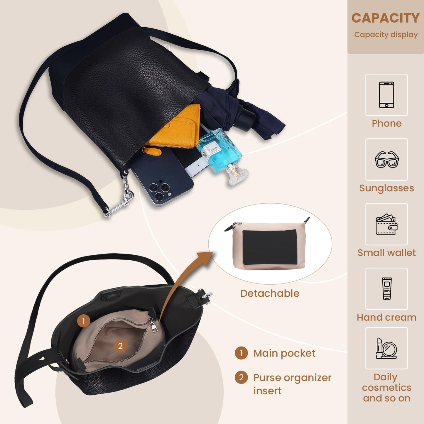 Rosvovo Genuine Leather Crossbody Bags for Women, Trendy Leather Purses Shoulder Bucket bags for women with Adjustable Strap, Black