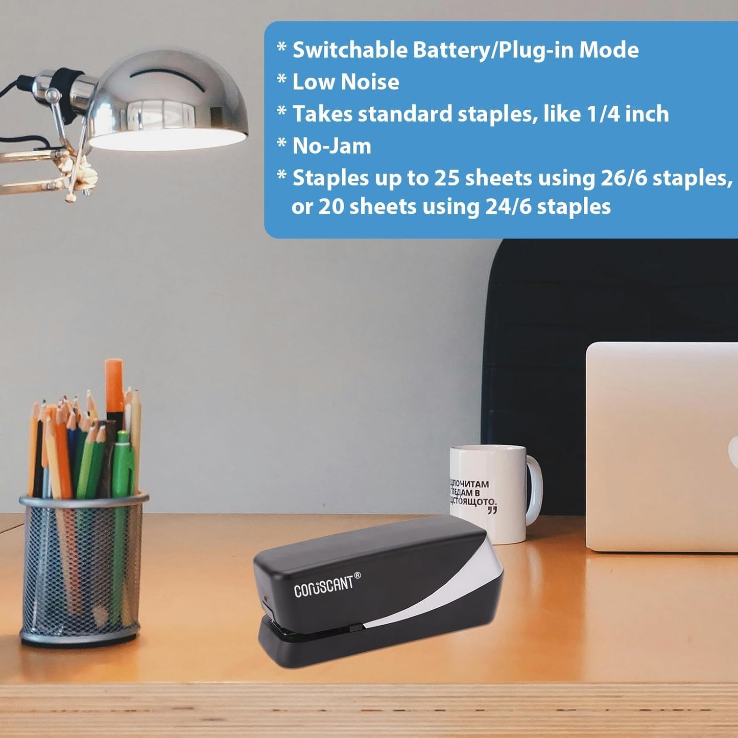 Coruscant Electric Stapler, Automatic Stapler, Heavy Duty，25 Sheet, Store 210 Staples，Including 2000 Staples,and 1 Staple Remover, Electric Desktop AC or Battery Powered for Home/Office Use