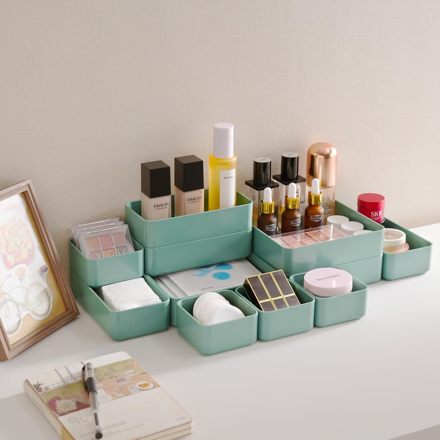 CHANCETSUI 11-Piece Stackable Drawer Organizer Set, Multi-size Desk Drawer Organizer Trays Vanity Storage Bins for Storing Makeup, Stationery, Utensils in Bathroom Dresser, Office and Kitchen
