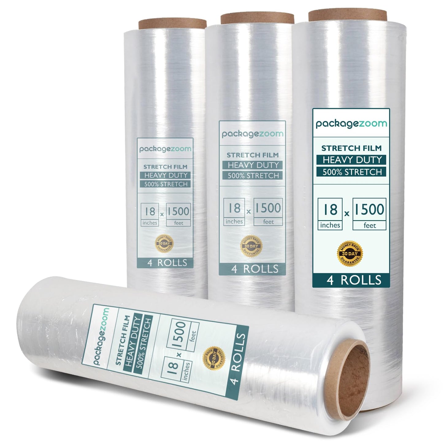 PackageZoom 4 Rolls Clear Stretch Wrap Film 18” x 1500 feet Plastic Wrap for Moving, Packing, Shipping & Storage Heavy Duty Industrial Cling Film for Boxes and Furniture