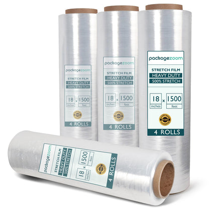 PackageZoom 4 Rolls Clear Stretch Wrap Film 18” x 1500 feet Plastic Wrap for Moving, Packing, Shipping & Storage Heavy Duty Industrial Cling Film for Boxes and Furniture