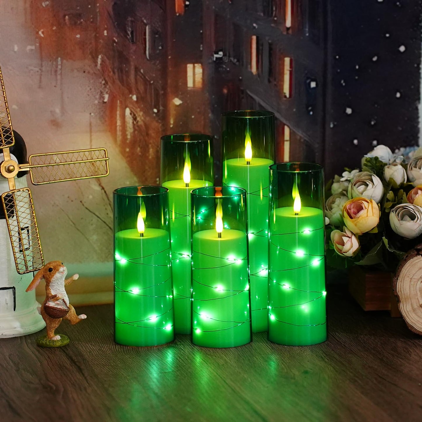 kakoya Flameless LED Candles with Timer 5 Pc Flickering Flameless Candles for Romantic Ambiance and Home Decoration Stable Acrylic Shell,with Embedded Star String，Battery Operated Candles（Green）