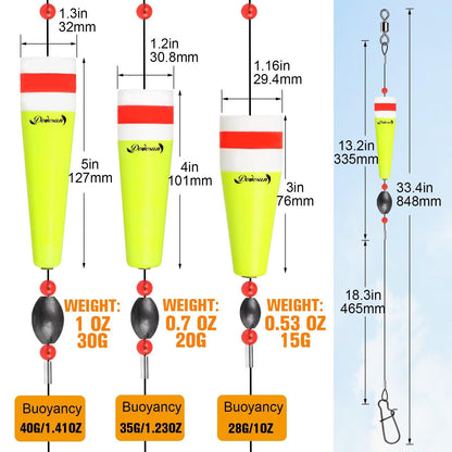 Dovesun Popping Cork Weighted Fishing Bobbers Floats Fishing Corks Popping Corks for Saltwater Freshwater Yellow Float Length-4in & Buoyancy-1.23oz*5pcs