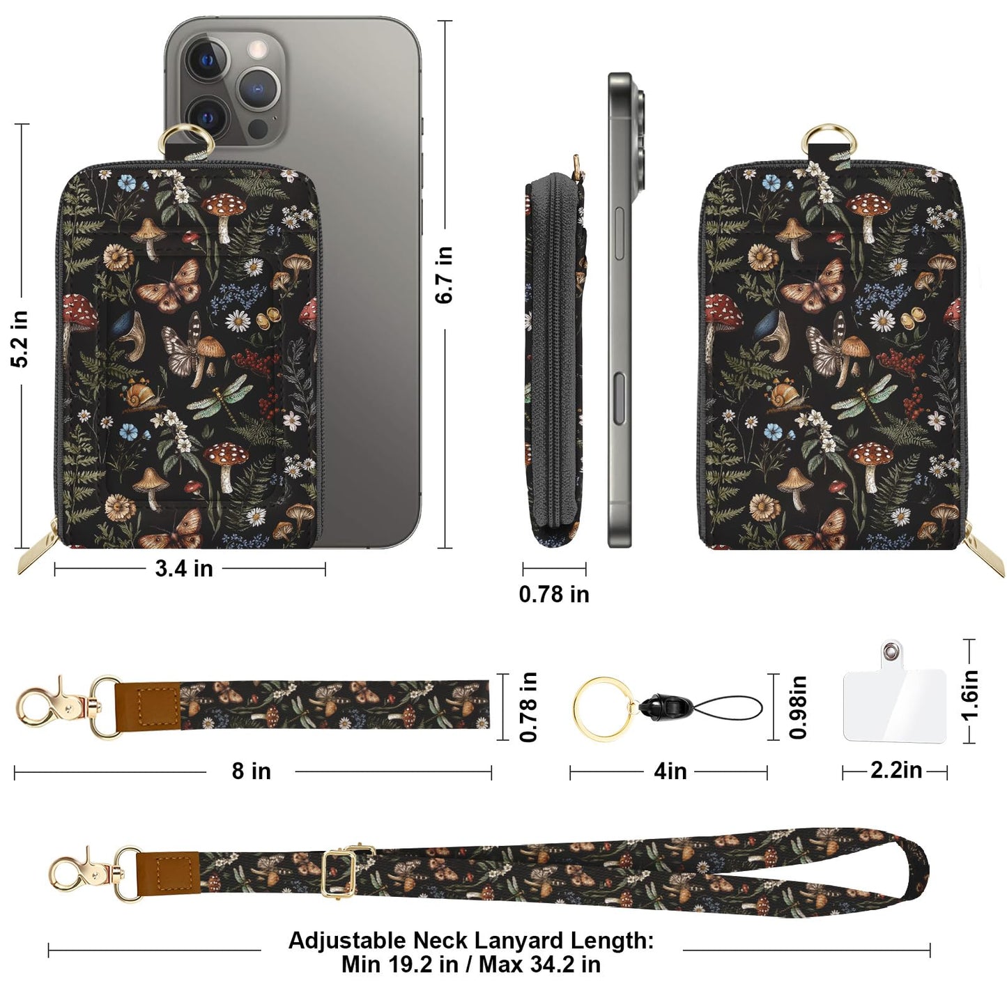 bolimoss Mushroom Lanyard for Wallet, Boho ID Badge Holder & Lanyard Wallet, Cute RFID Leather Keychain Wallets with Breakaway Wrist & Neck Lanyards for Women Worker Teacher Student Nurse