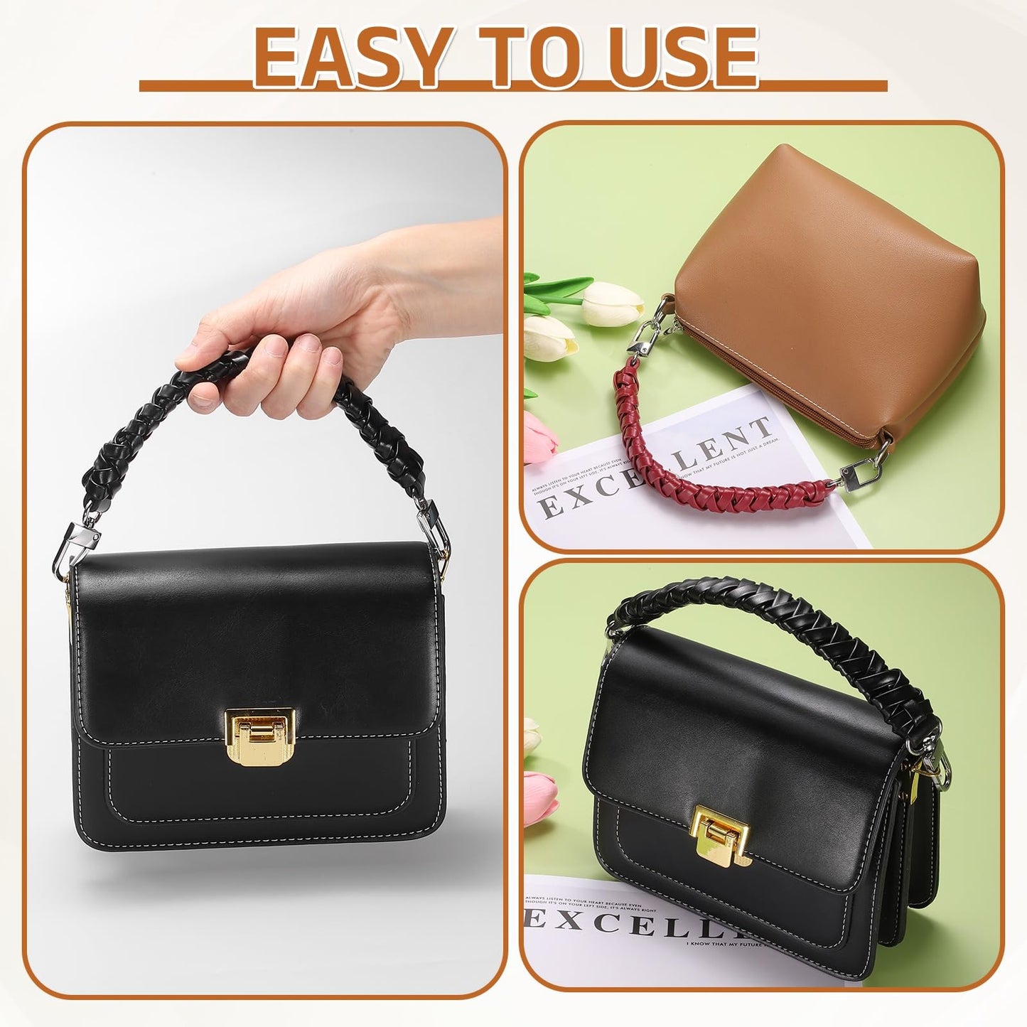 uxcell Leather Braided Purse Handle, 1Pc 31mm/12.2" Short Black Leather PU Braided Purse Strap Replacement Handle with Gold Buckles for Underarm Bags, Handbags, Bucket Bags
