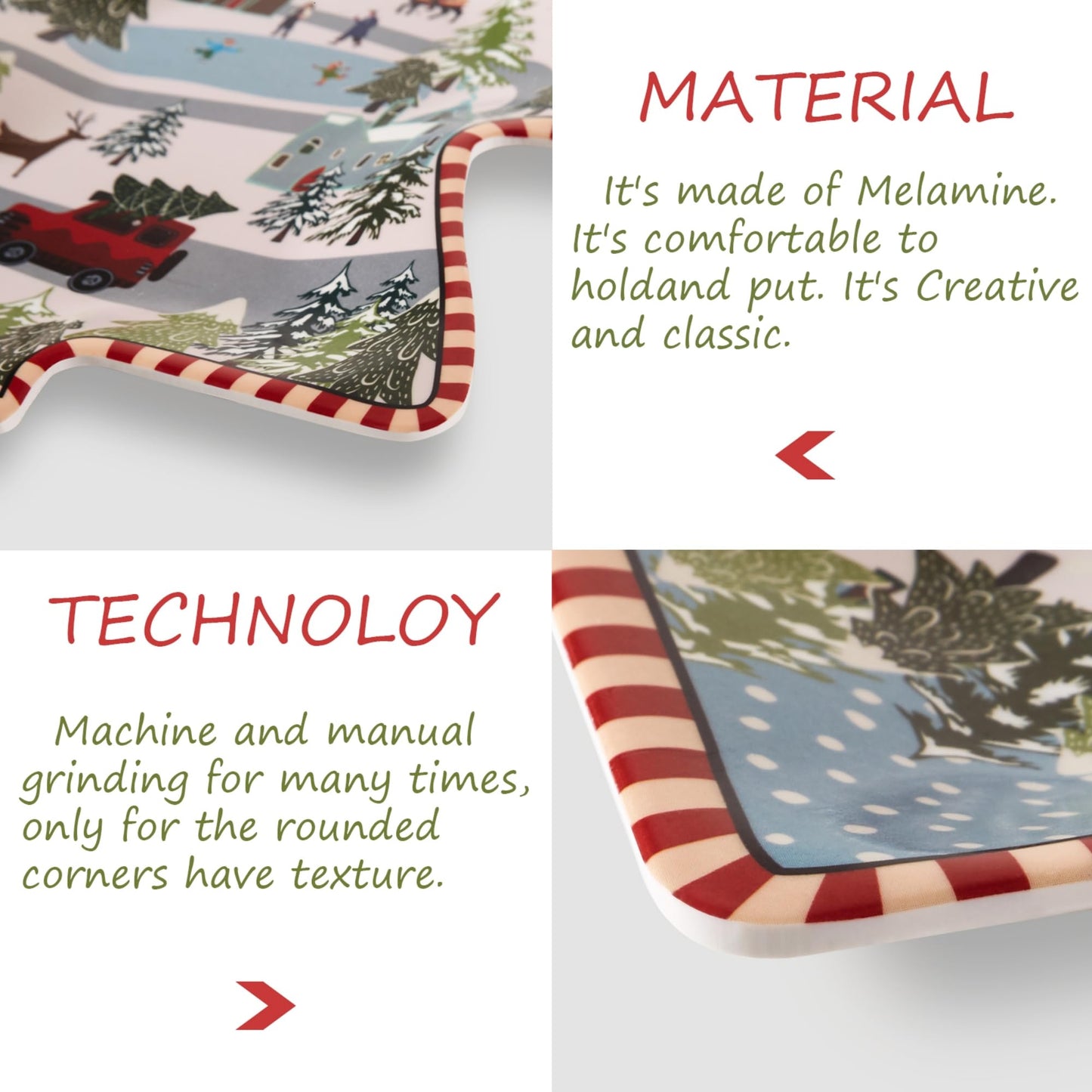 Viynran Christmas Tree Melamine Tray - Santa & Snowman Pattern | Ideal for Holiday Treats, Candy, and Feasts | Festive Tableware for Christmas Parties (2 Pcs), 31009CTPO02