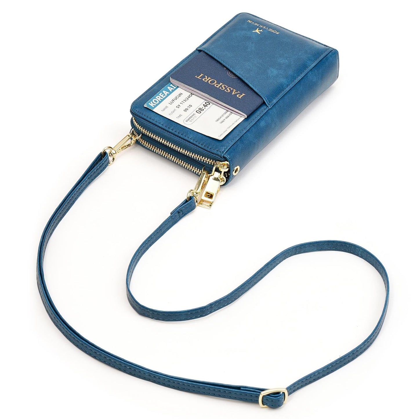 GOIACII Passport Wallet Travel Crossbody Bags for Women Wristlet Phone Purse Double Zip Vegan Leather Blue