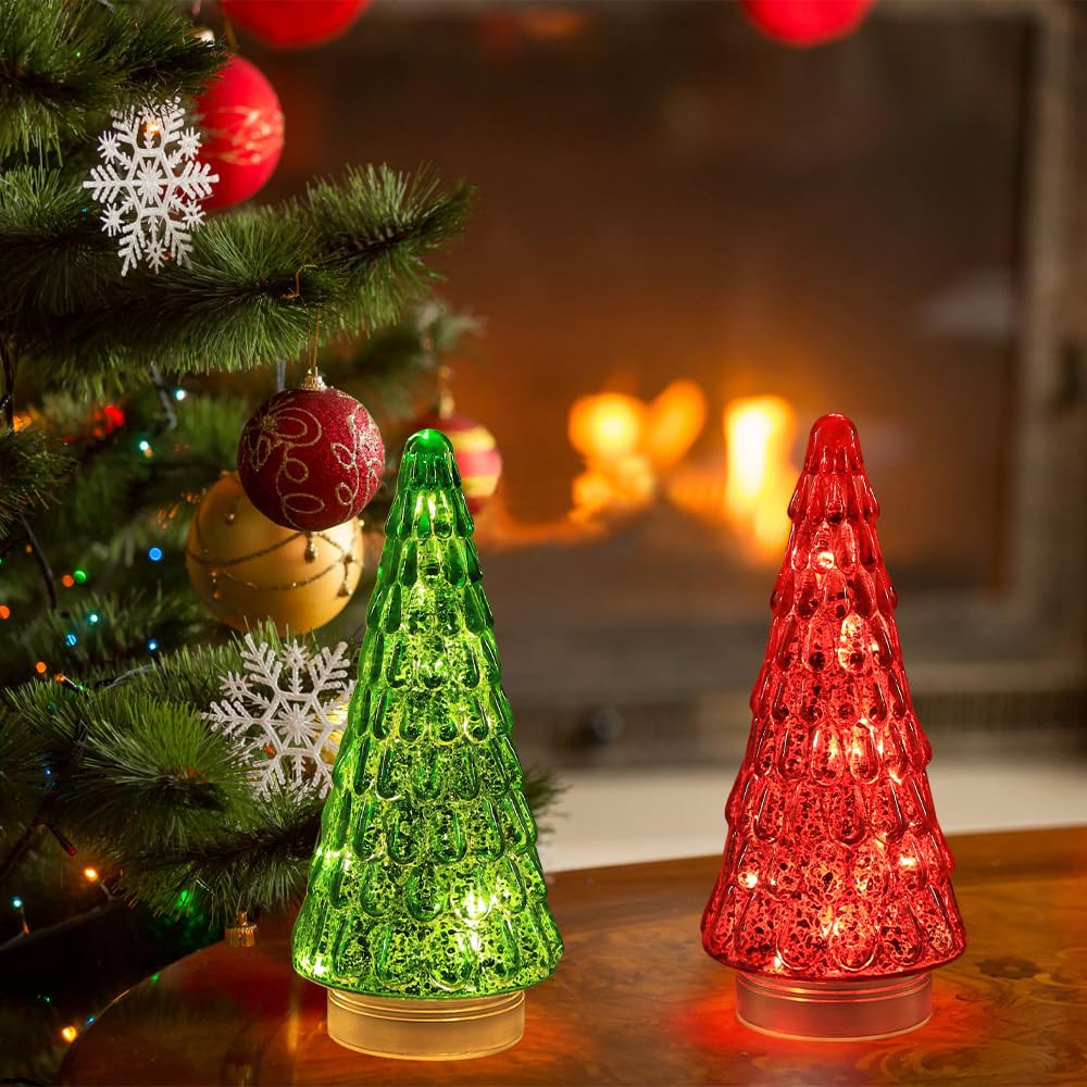 PHITRIC Christmas Decorations Indoor, 2 PCS Sparkling Glass Christmas Tree Table Centerpieces Decor with LED Lights and Timer, Xmas Tree Decorations for Home, Mantel, Shelf, Tabletop (Red & Green)
