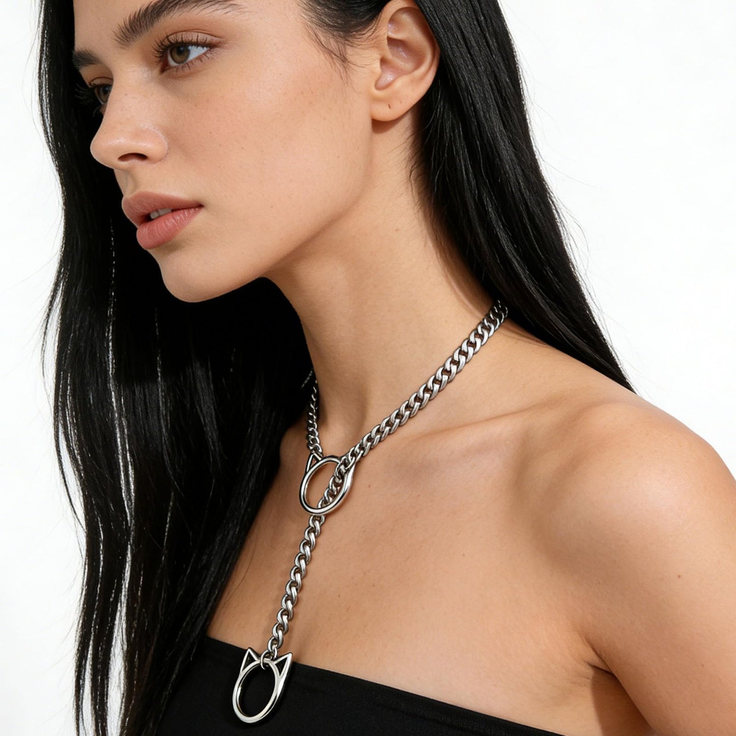 C CHIC CHOK YOUR BODY TALK Cat O-Ring Slip Chain Necklace Stainless Steel Cuban Chain Punk Choker Necklace Jewelry Gift for Women