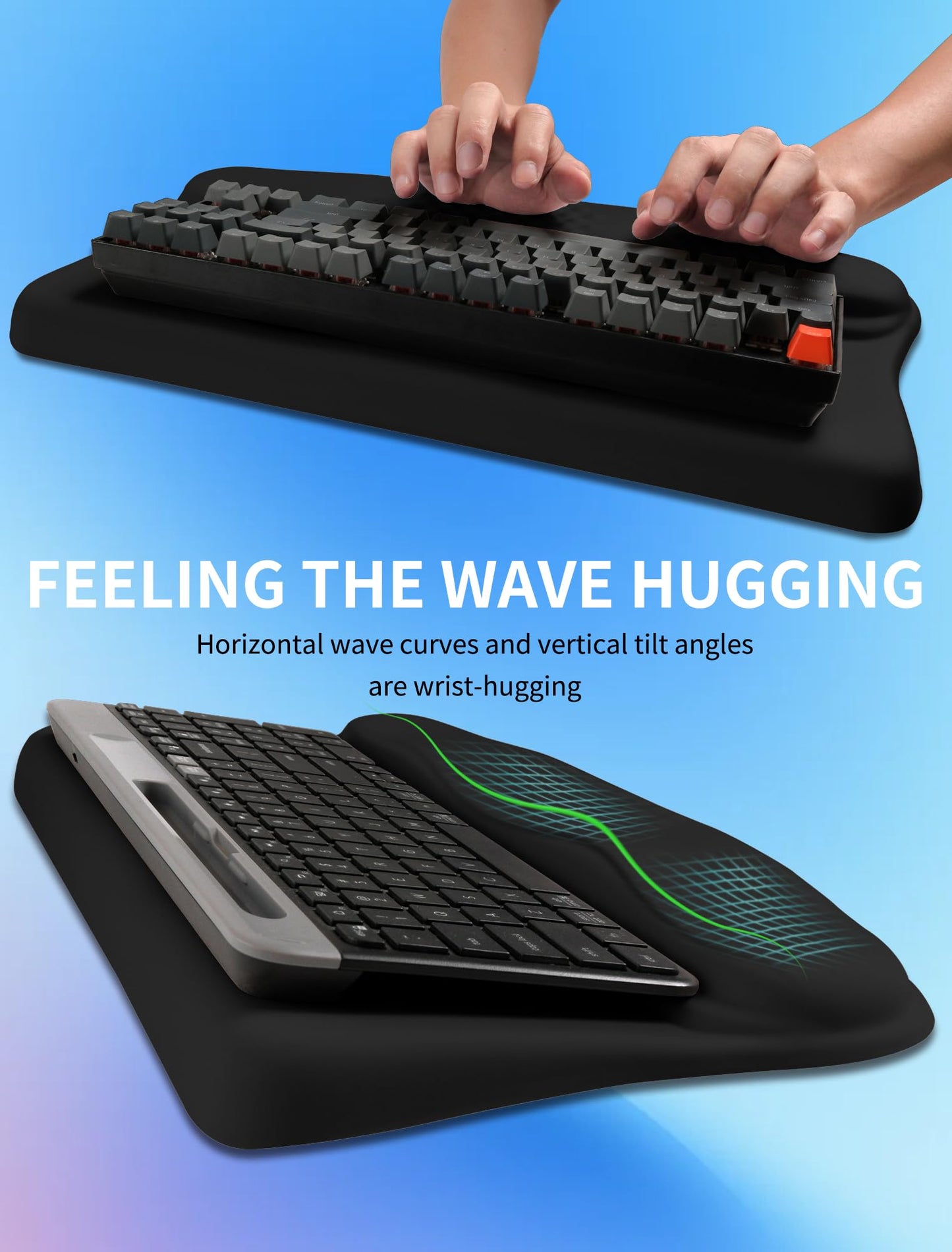 KUOSGM Ergonomic Wave Wrist Rest with Keyboard Stand, Cushioned Palm Rest, Comfortable Integrated Memory Foam for Natural Typing and Relieve Wrist Pain, Dark Night Black