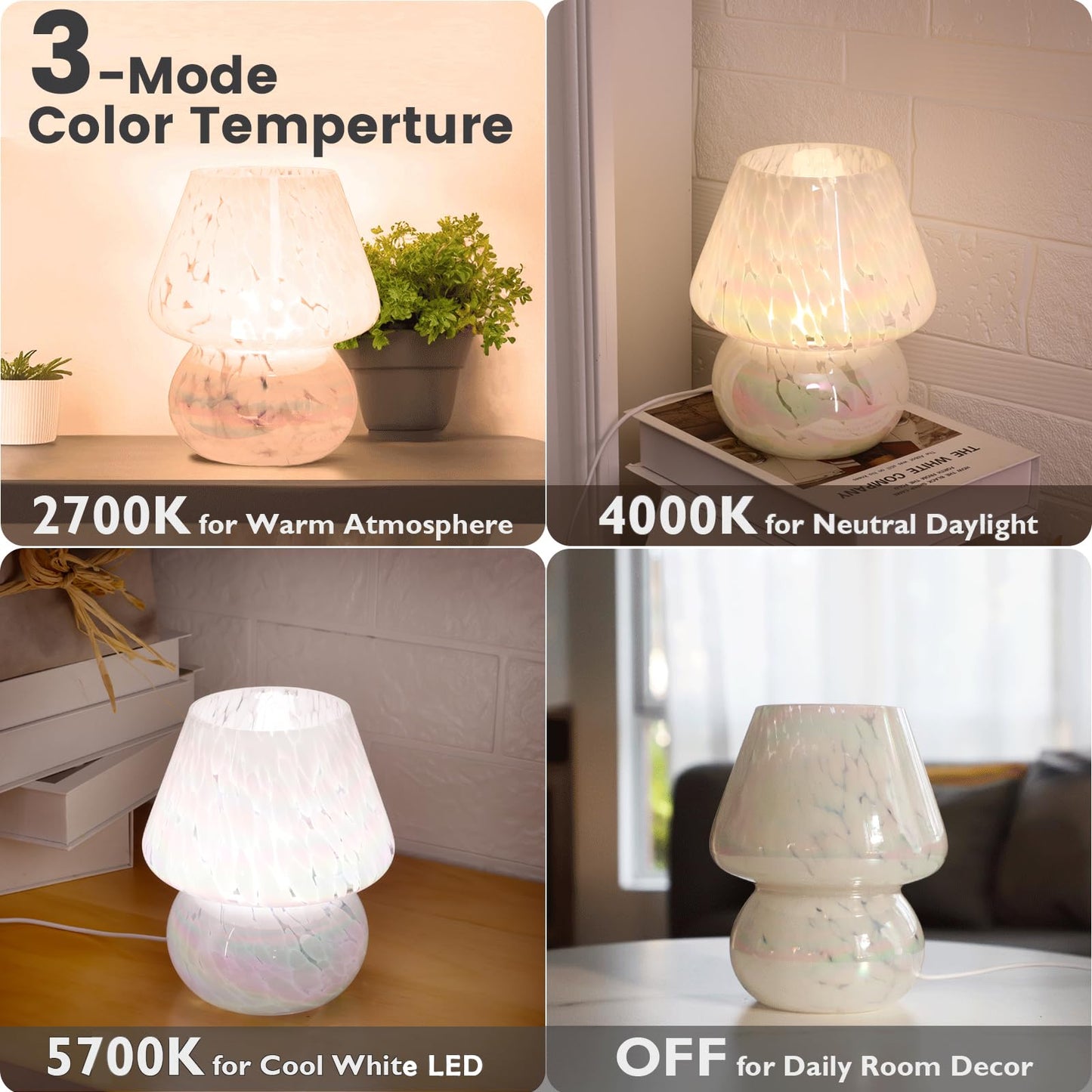 ULAROOM USB Plug-in Mushroom Lamp Small Bedside Table Lamp with 3 Temperature LED Bulb, Free Dimming Nights Light for Bedroom/Living Room/Entryway/Corner Decor or New Home Gift(Rainbow White)