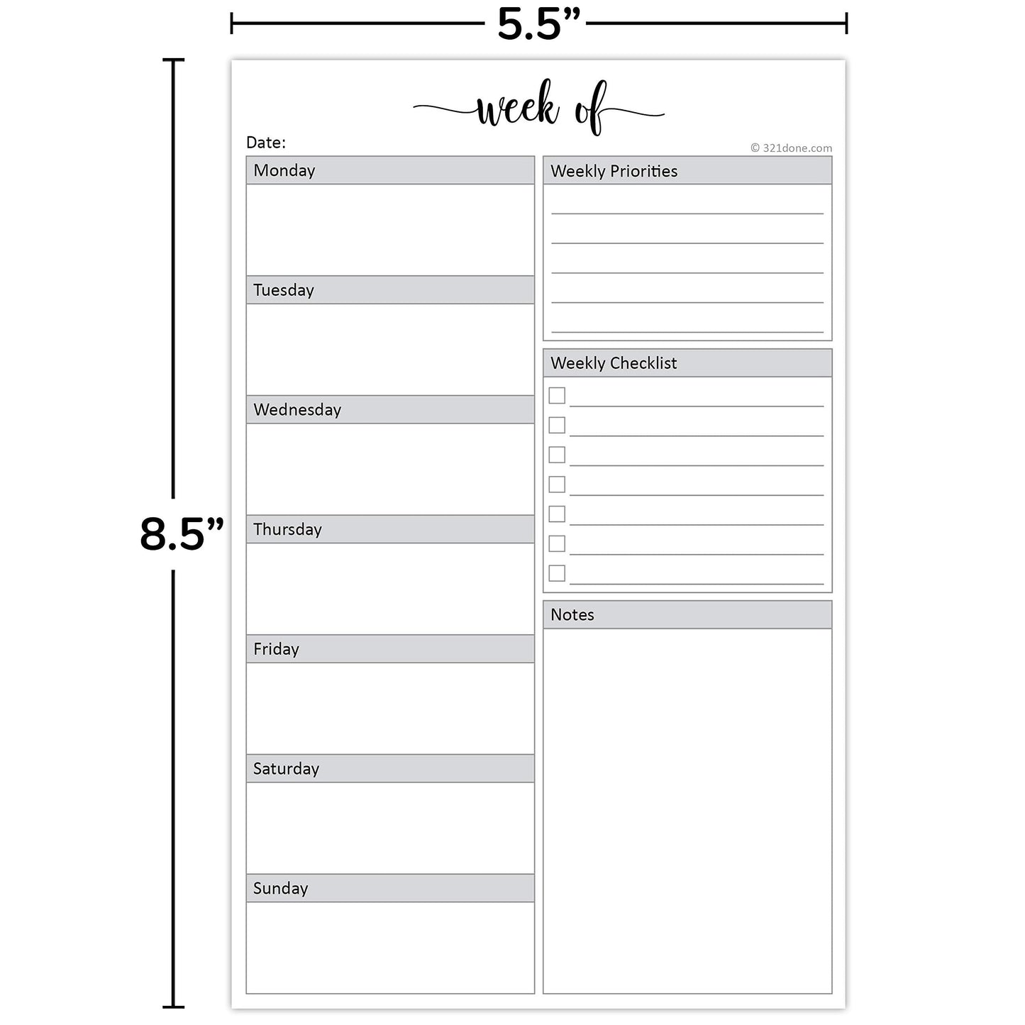 321Done Weekly Planning Notepad - 50 Sheets (5.5" x 8.5") - Week Priorities to Do List Tear-Off Pad, Planner Checklist Organizing - Made in USA - Simple Script