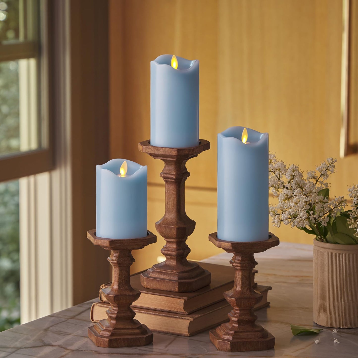 Matchless Candle Co. by Luminara Set of 3 (3" x 4.5",5.5",6.5") Flameless LED Flickering Battery Candle Moving Flame Pillar, Melted Edge, Real Wax Smooth Finish (Pastel Blue)