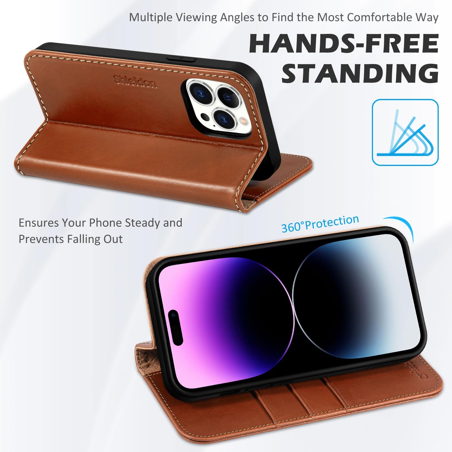 SHIELDON Case for iPhone 14 Pro 5G 2022, Genuine Leather Wallet Case with Kickstand RFID Blocking Card Holder Magnetic Shock Absorbing Cover Compatible with iPhone 14 Pro 6.1" - Retro Brown