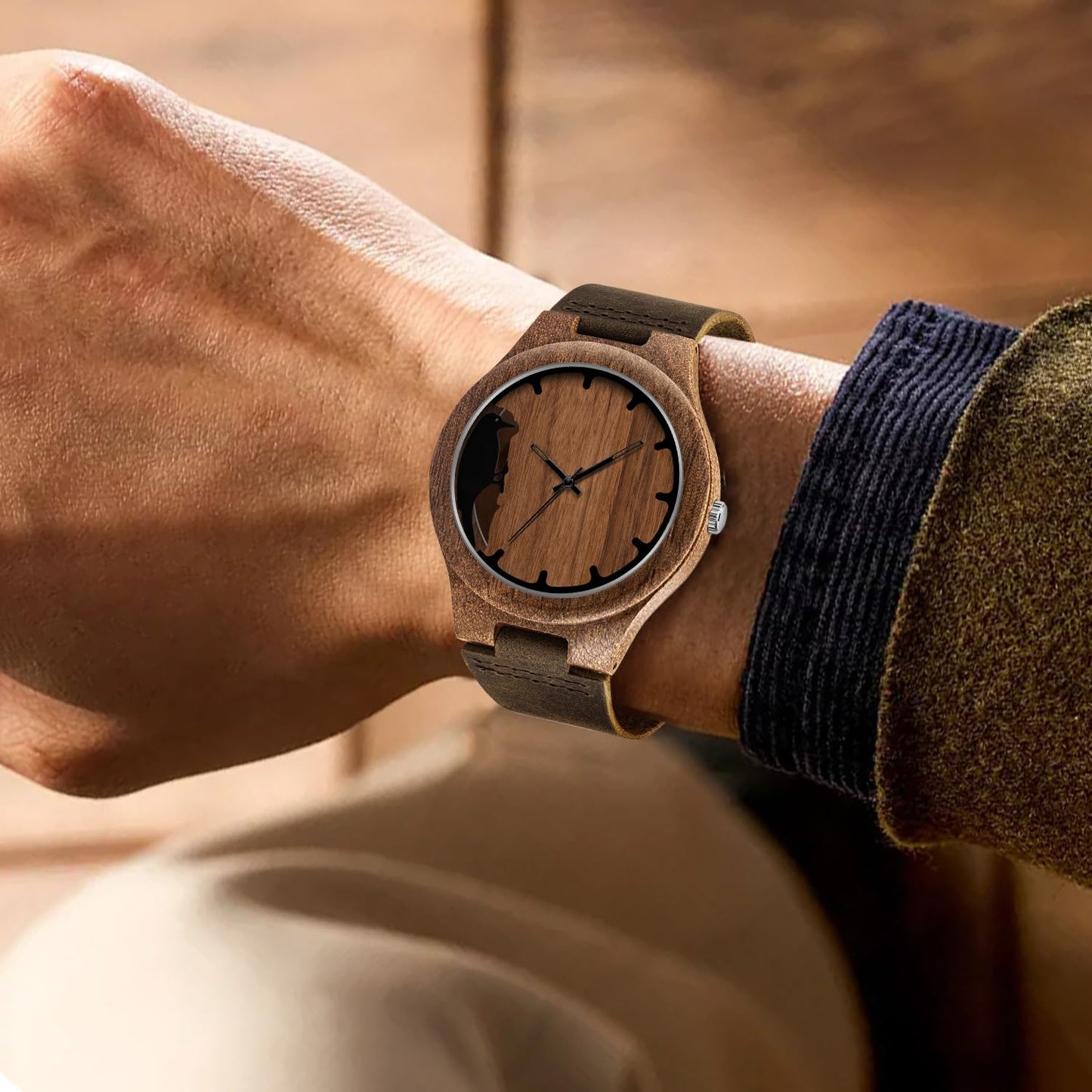 Timever Wooden Watches for Men Handmade Unique Design with Leather Strap, Analog Quartz Mens Watch, Gift for Men