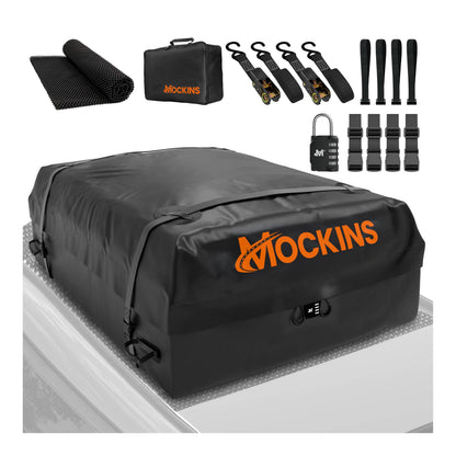 Mockins 25 Cu.Ft. Heavy Duty Car Roof Bag 60"x43"x17" | Works with or Without Roof Rack | Great for Road Trip Vacations, Camping Adventures & More | Set Includes Roof Mat, Lock, Hooks & Straps
