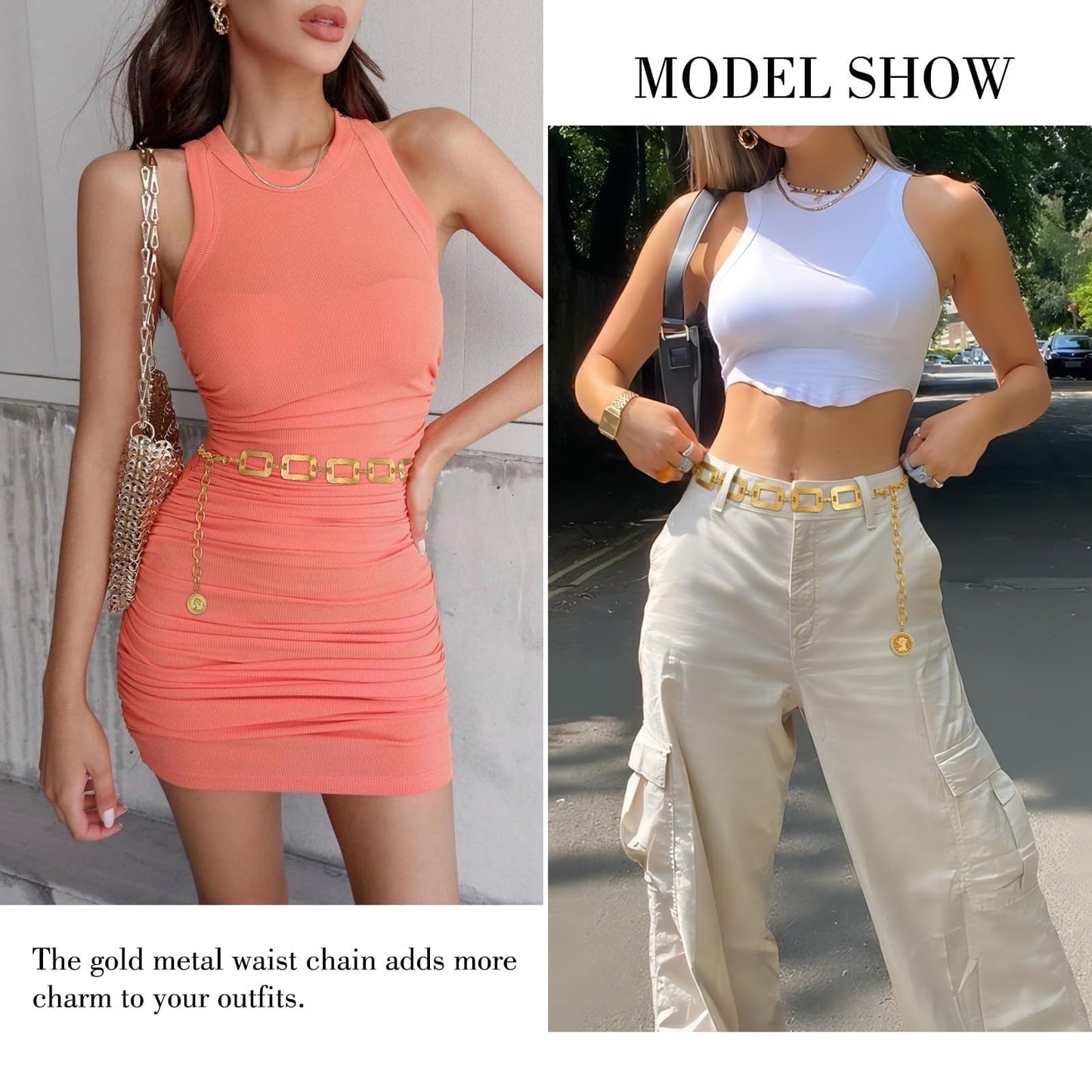 WHIPPY Metal Waist Chain Belt Women Adjustable Body Link Belts Ladies Fashion Chain for Jeans Dress, Gold Rectangle M