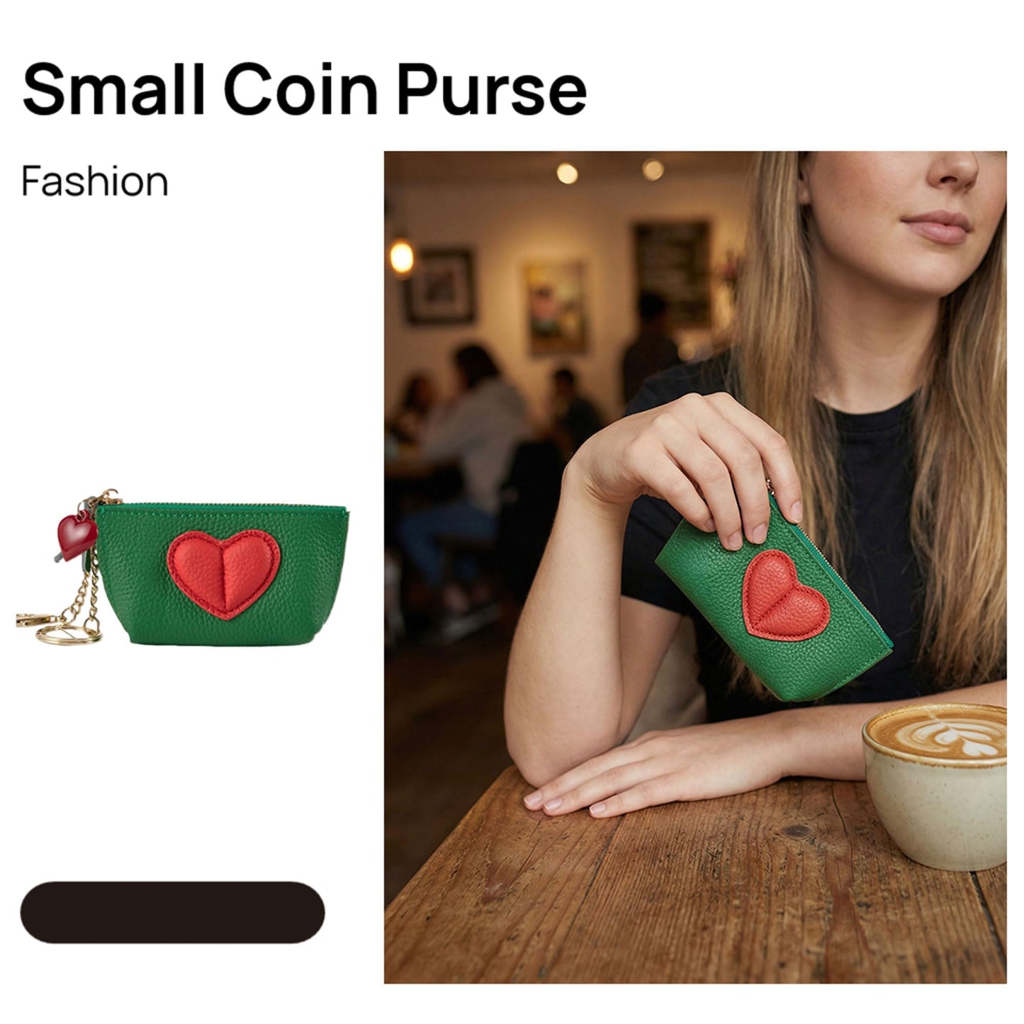 Red Heart Design Small Coin Purse - Cute Compact Keychain Change Purse Soft Leather Wallet with Zipper for Women (Green)