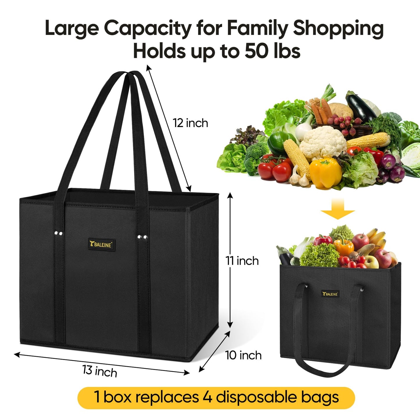 BALEINE 3Pk Reusable Grocery Bags, Foldable Shopping Bags for Groceries with Reinforced Bottom & Handles (Black)