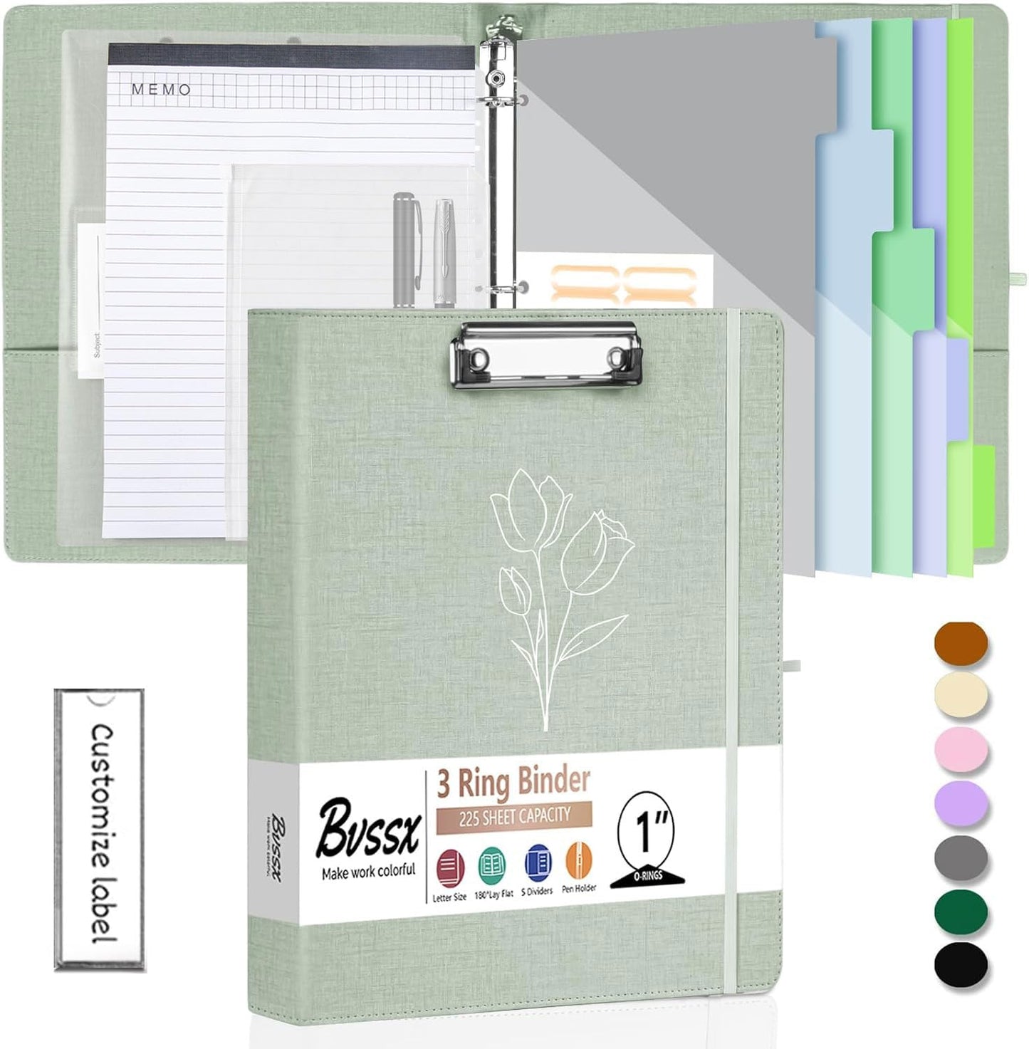 BVSSX 3 Ring Binder with Clipboard,1 Inch Binders with Notepad&5 Dividers with Pockets, Labels,PU Clipboards for School Office(Green Tulip,Letter Size)
