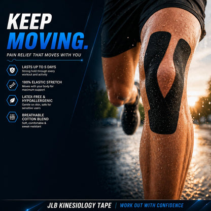 JLB Kinesiology Tape – 2 Rolls, 2 in x 16 ft – KT Tape for Shoulder, Knee, Wrist & Ankle – Waterproof Athletic Tape – Latex-Free Sports Tape for Pain Relief, Muscle Support & Physical Therapy (Black)