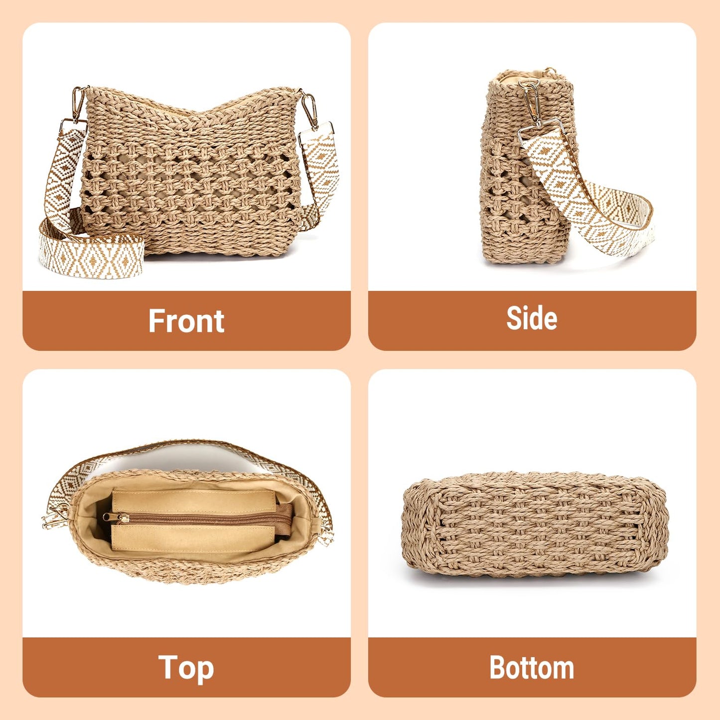 Herald Small Summer Crossbody Bags for Women, Beach Handmade Straw Woven Pocketbooks Handbag Shoulder Purse (Hollow Out Coffee)