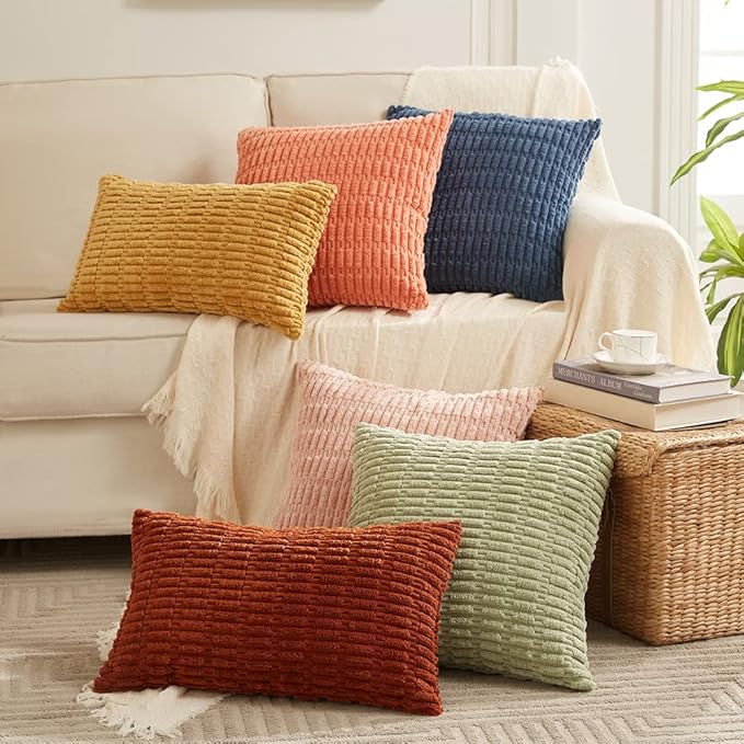 Fancy Homi Sage Green Lumbar Decorative Throw Pillow Covers 12x24 Inch for Living Room Couch Bed Sofa, Rustic Farmhouse Boho Home Decor, Soft Striped Corduroy Rectangle Cushion Case 30x60 cm