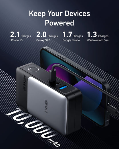 Anker GaNPrime Power Bank, 2-in-1 Portable Charger, 10,000mAh 30W USB-C Battery Pack with 65W Wall Charger, Works for iPhone 15/15 Plus/15 Pro/15 Pro Max/14/13, Samsung, Pixel, MacBook, Dell