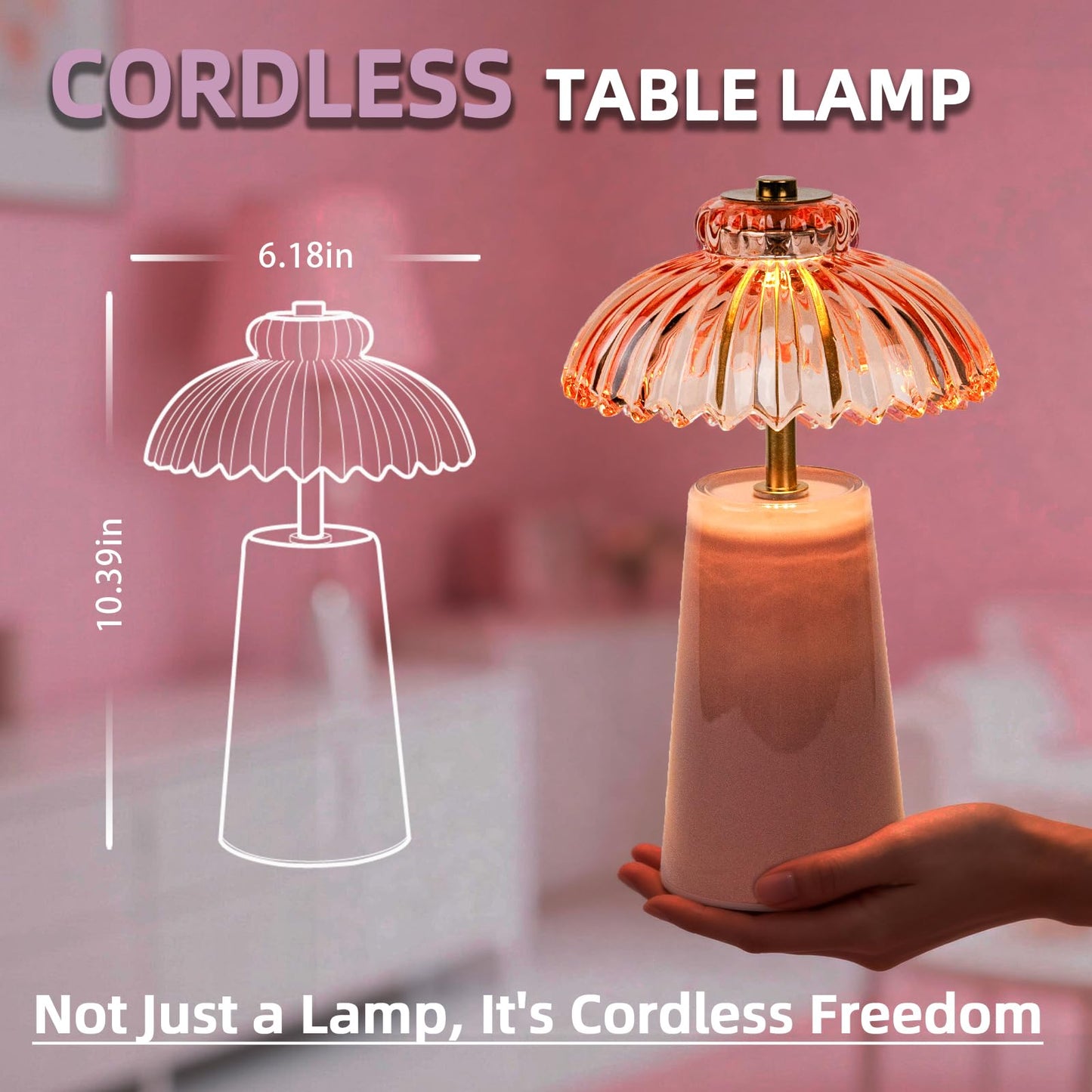 MJ PREMIER Cordless Lamp, Battery Operated Lamp with Timer, Crystal Glass Flower Lampshade, Small Table Lamps, Decorative Led Light for Bedroom Living Room Shelf (L-Pink)
