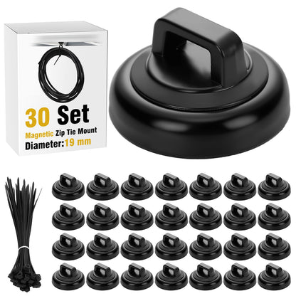 Leinuosen 30 Set Magnetic Zip Tie Mount and Nylon Cable Ties, 19 mm Multipurpose Wire Cable Holder Mount Wire Clips Management Electrical Organization Supplies (Black)