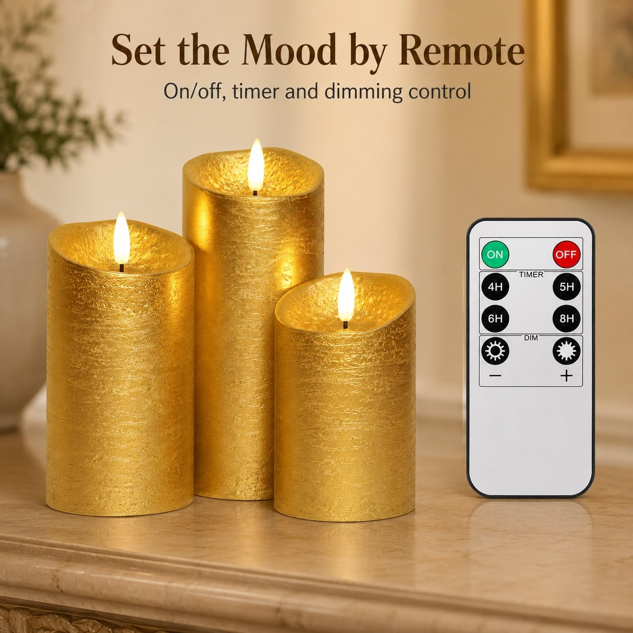 COVEGE Gold Flameless Candles with Remote, Flickering Real Wax Battery Operated Candles with Timer, Set of 3 LED Pillar Candlesfor Home Room Decor Christmas Decoration