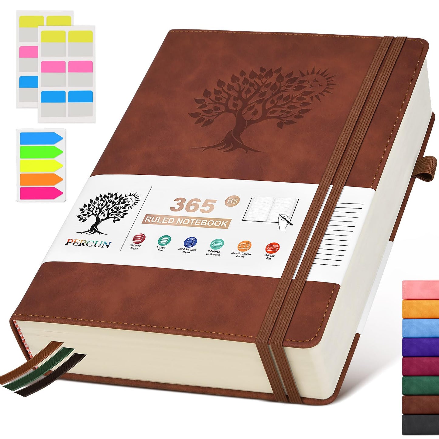 PERCUN B5 Lined Journal Notebook - 365 Page Large Leather Journals for Writing Women Men，Hardcover Notebook with 100Gsm Thick Pages，Daily Diary for Travel, Work，School，College Ruled (7.6" x 10.3")