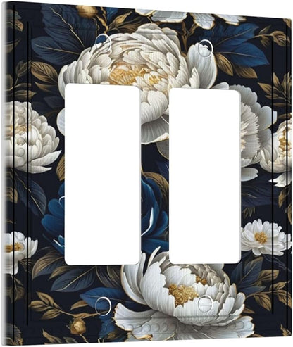 White Gold Blue Flower Dual Outlet Covers Wall Plate 2 Gang Rocker Decora Decorative Switchplate Electrical Faceplate GFCI Light Switch Covers for Farmhouse Living Decor